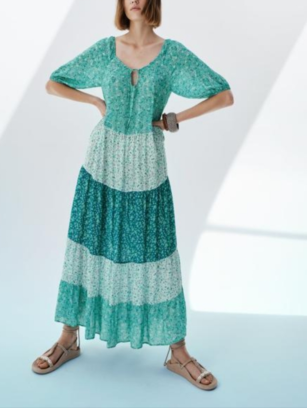 Zara Tiered Maxi Dress Green Ditsy Floral Boho Peasant Lightweight Billowy Flowy